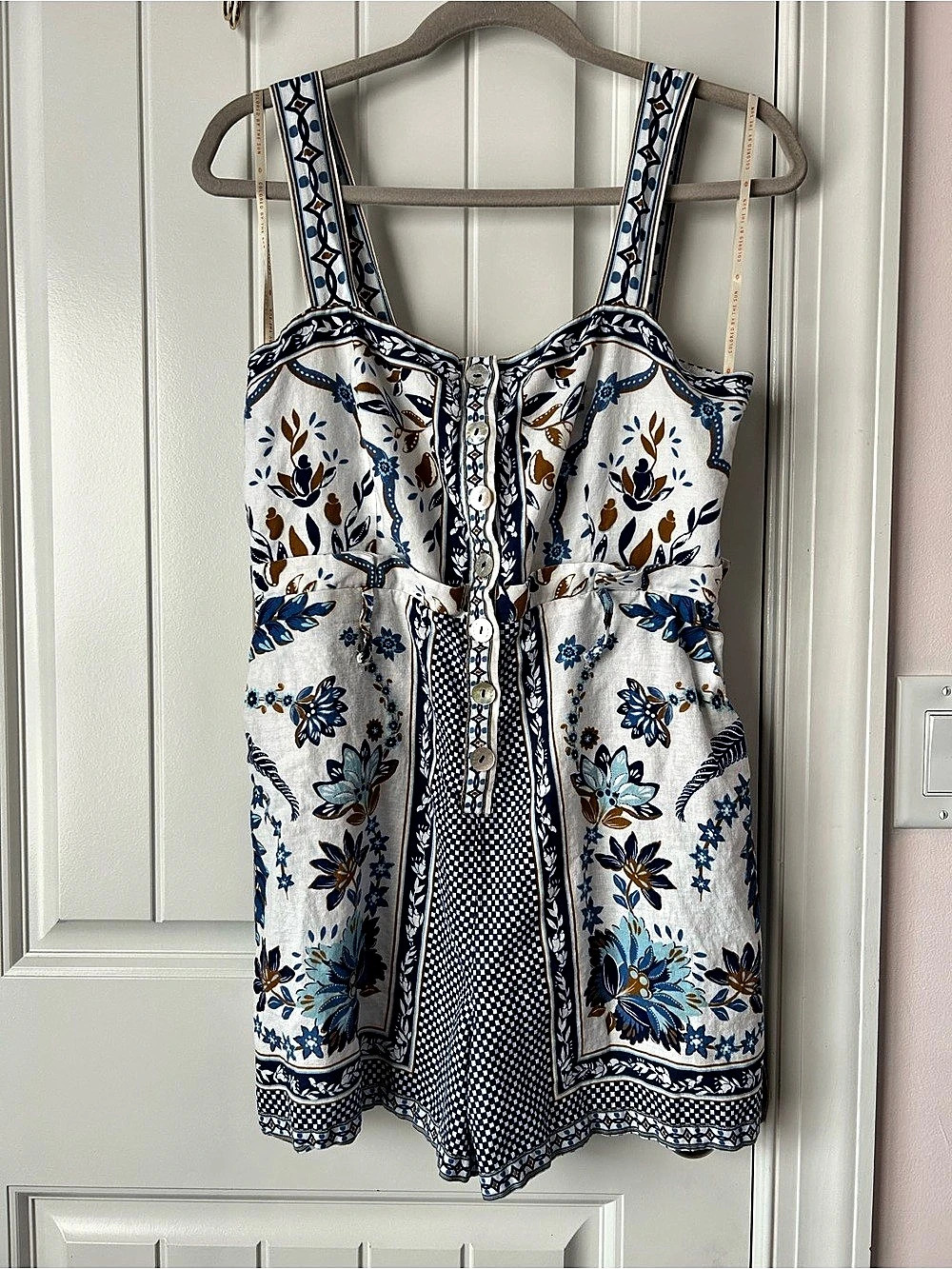 Farm Rio Garden Tiles Off White Romper Floral Mini Dress in White & Blue Size
